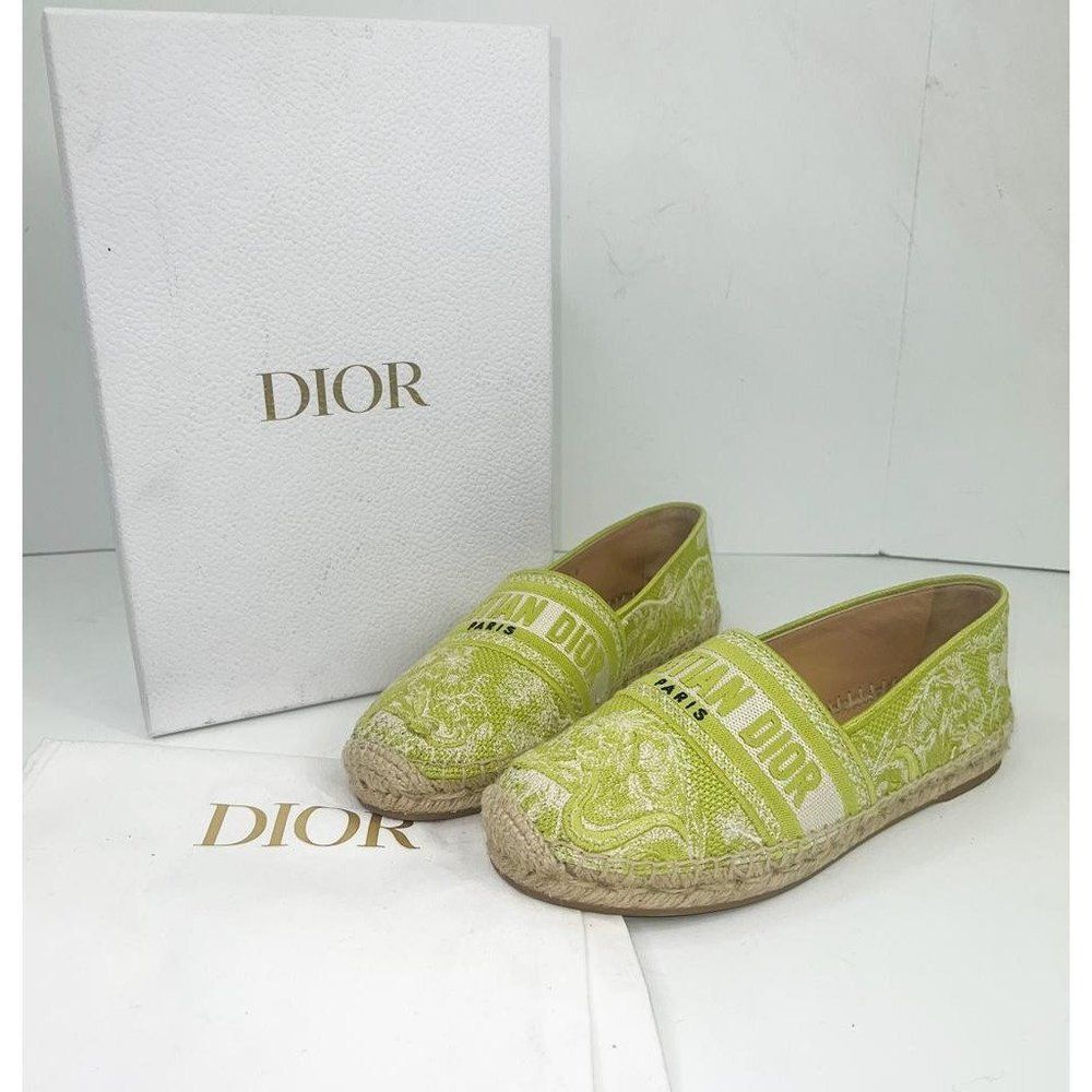 Authentic Christian DIOR Granville Lime Green Floral Flat Espadrilles Si… - Picture 14 of 17